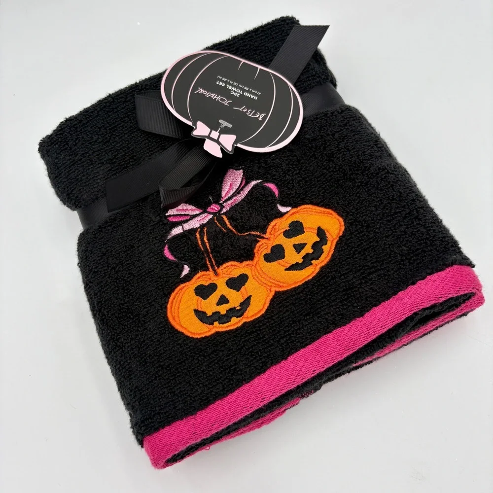 Betsey‎ Johnson Halloween Hand Towel Set Pumpkin Embroidered Black Pink 2PC